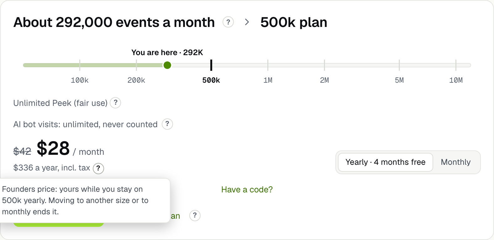 The 500k plan paid yearly: $28 a month, $336 a year, with its $42 monthly price struck and a small question mark beside it