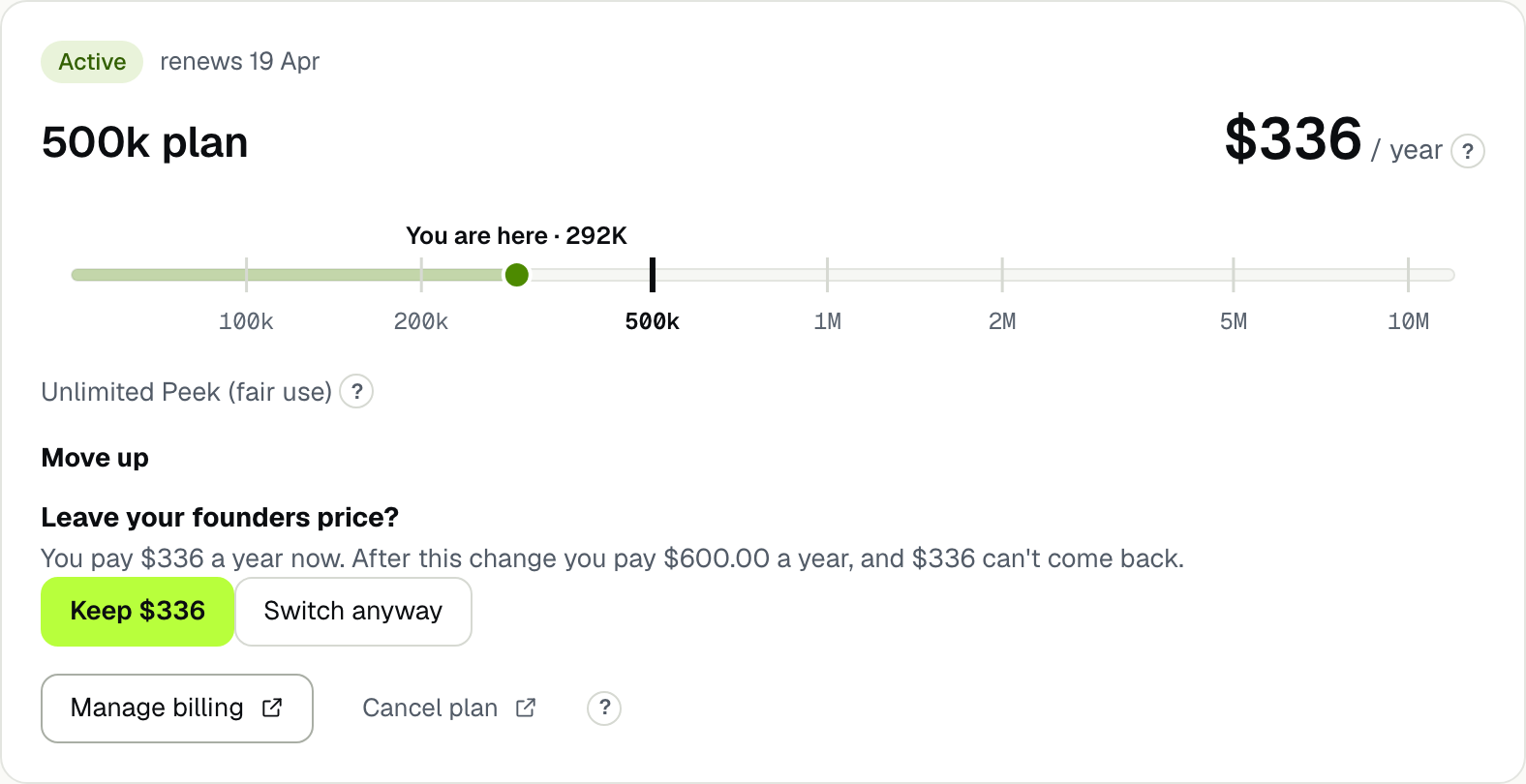 The dialog "Leave your founders price?": you pay $336 a year now, after this change you pay $600 a year, and $336 can't come back; the buttons Keep $336 and Switch anyway