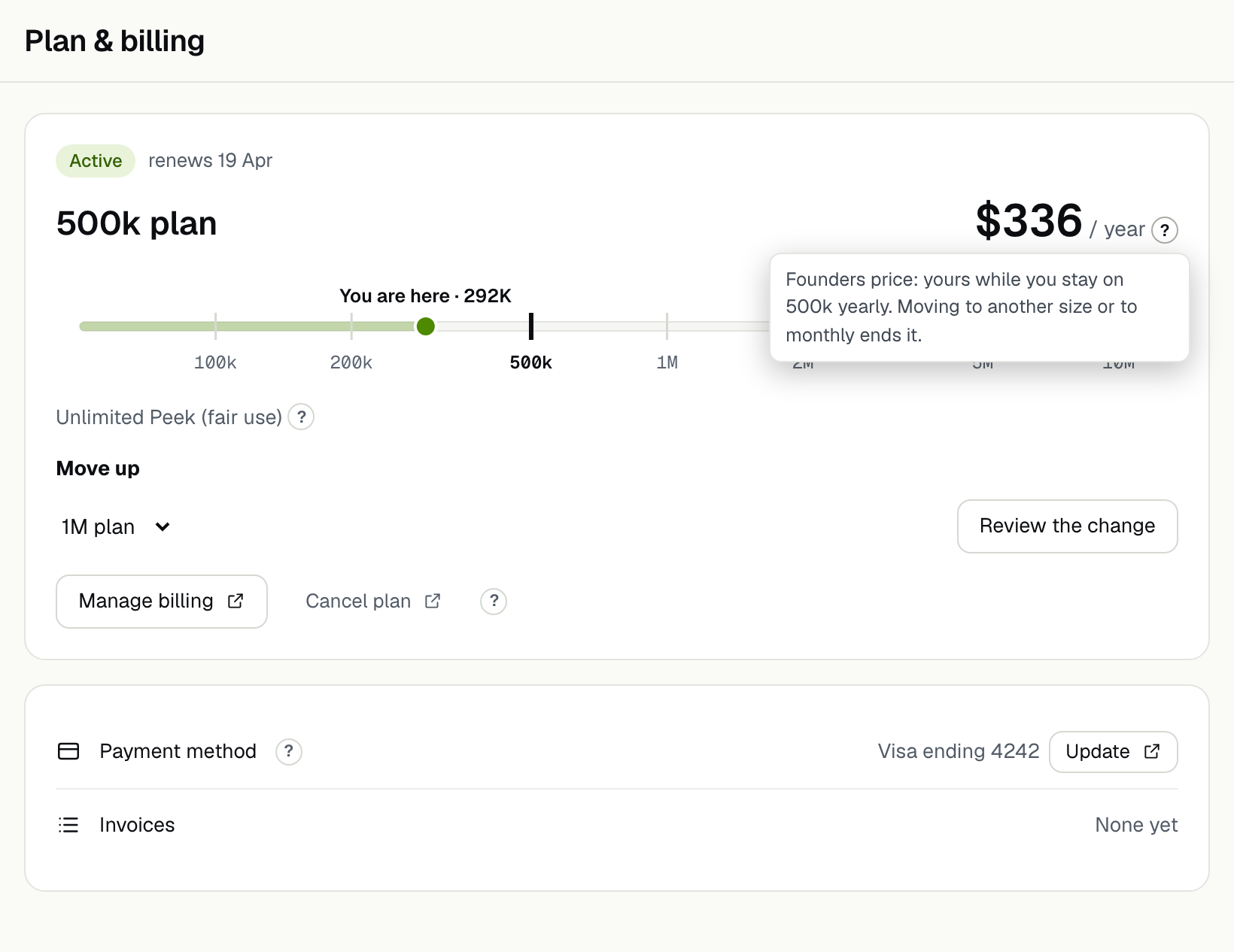 Plan & billing for a 500k yearly subscription: the plan, its price with a small question mark beside it, and Move up