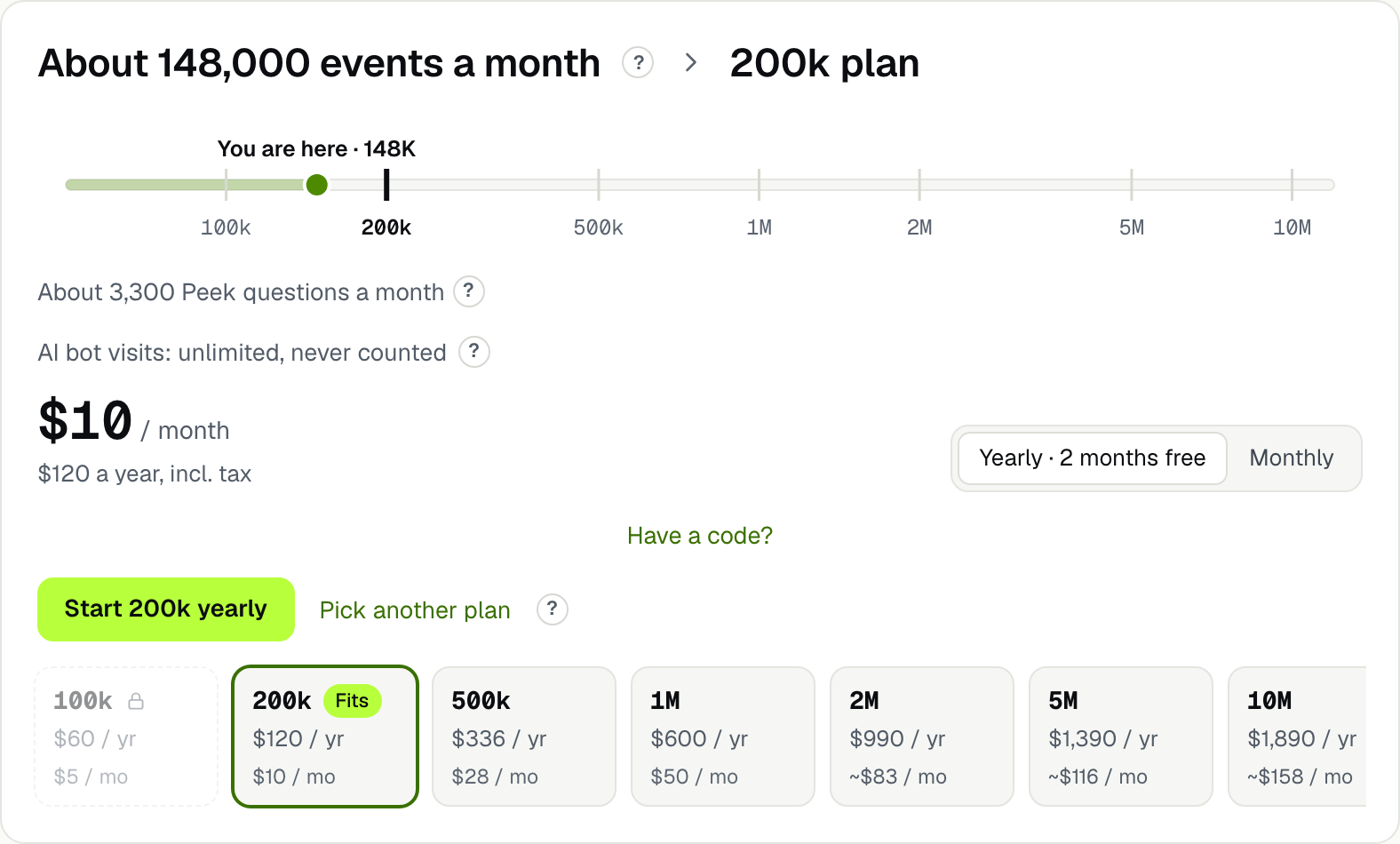 The plan chooser: the plan your traffic fits, its price, and the other plans one tap away