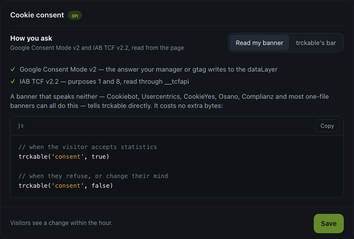 The cookie consent card reading an existing consent manager