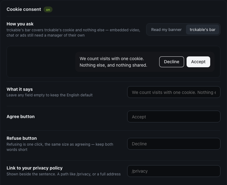 The cookie consent card with trckable's bar chosen, and a live preview