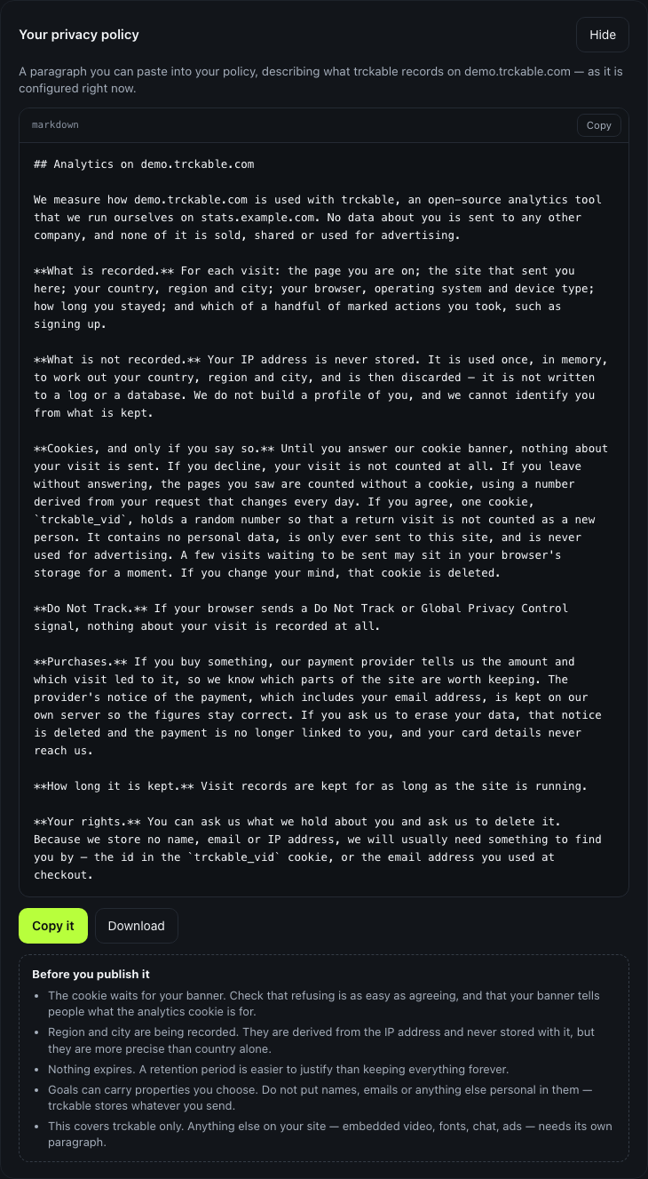 The generated privacy paragraph, with its caveats underneath