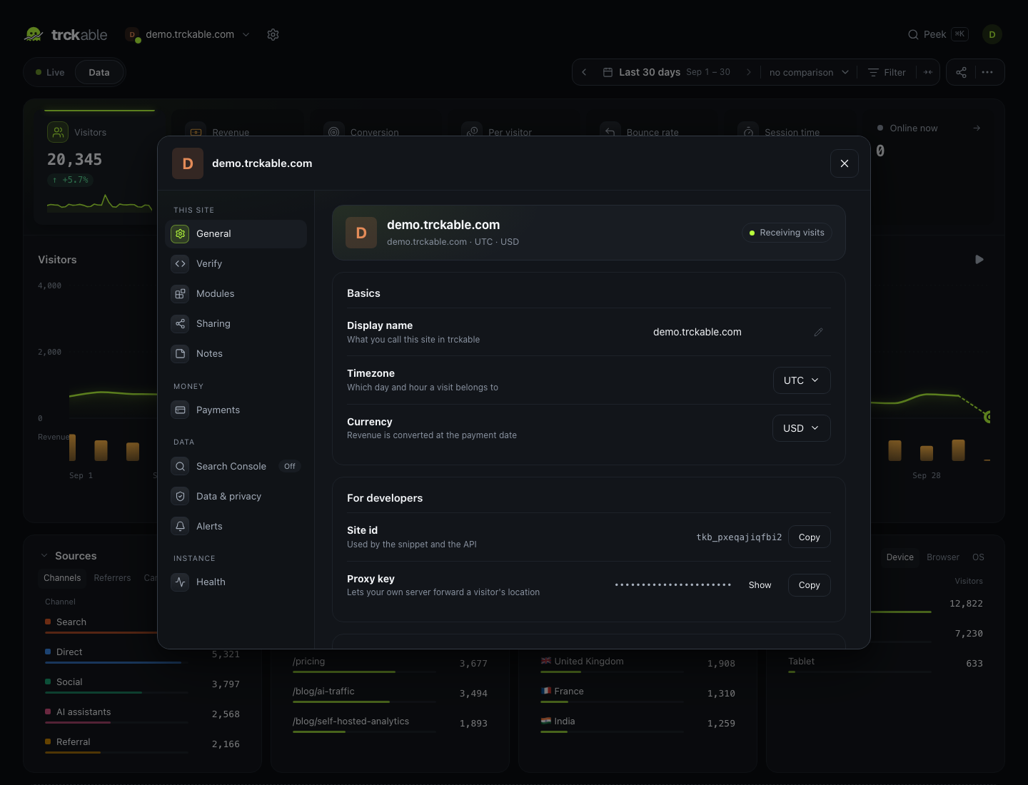 The General tab: name, domain, timezone and currency