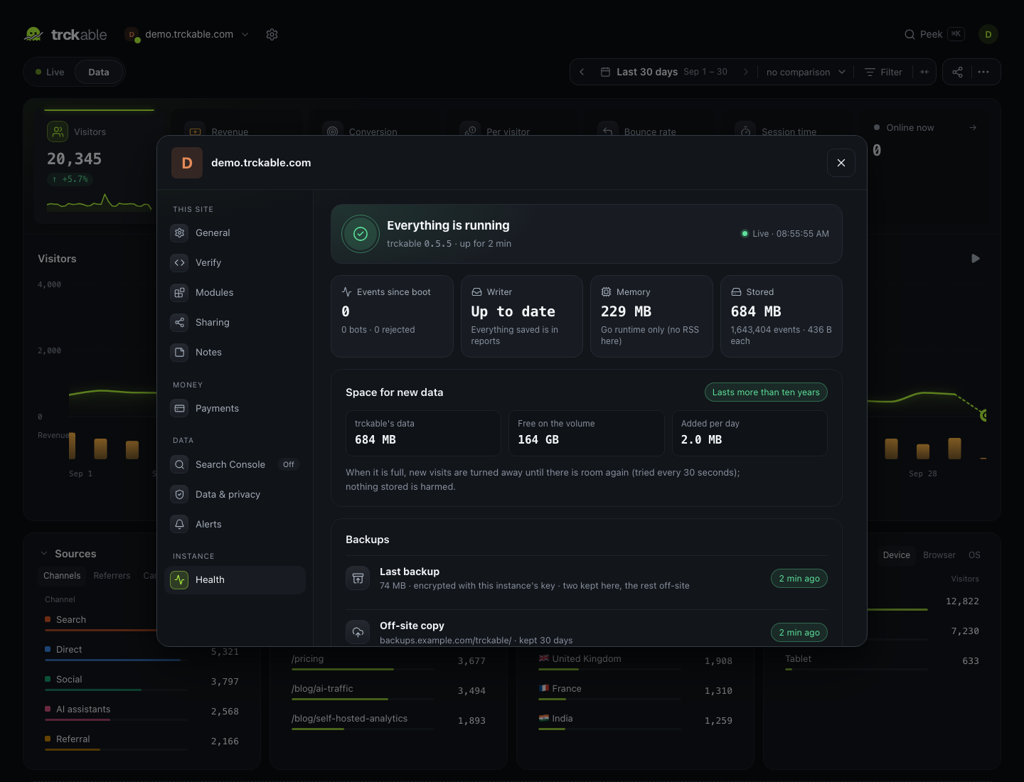 The Health tab: version, disk, writer lag, backups and payments