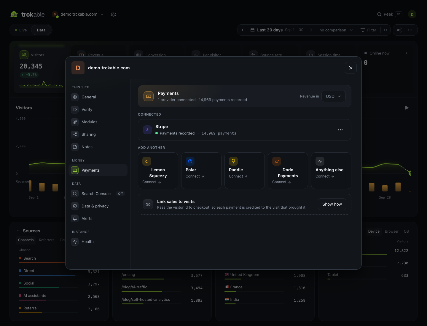 The Payments tab: providers, one-key setup and connection health