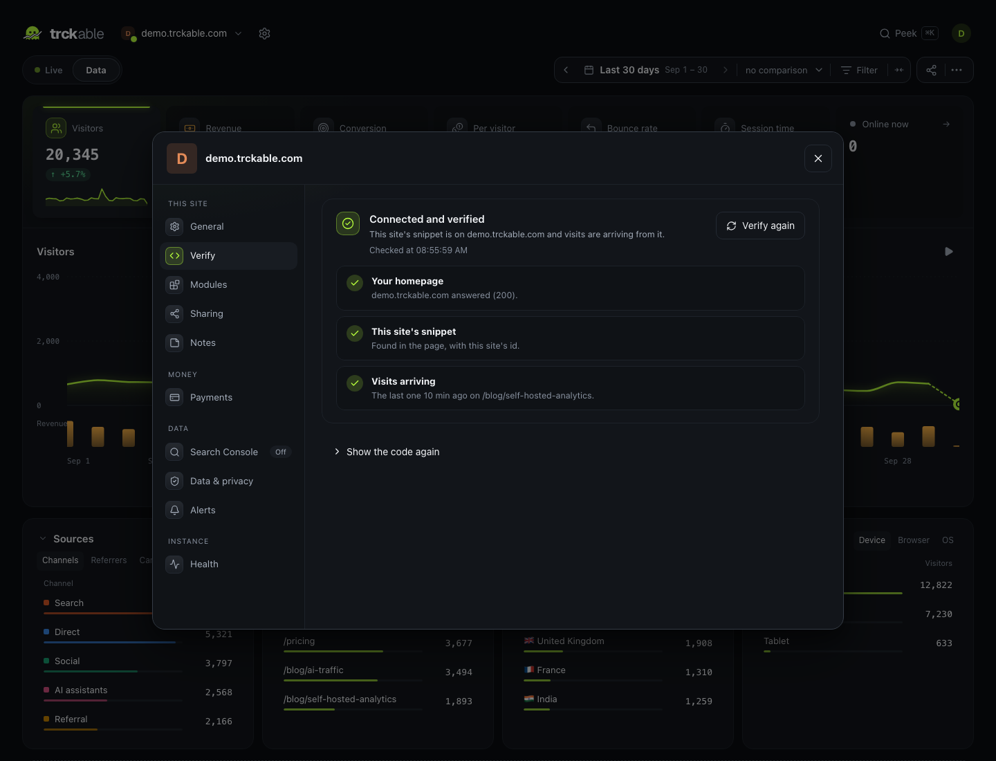 The Verify tab: the homepage, the snippet and the latest visit